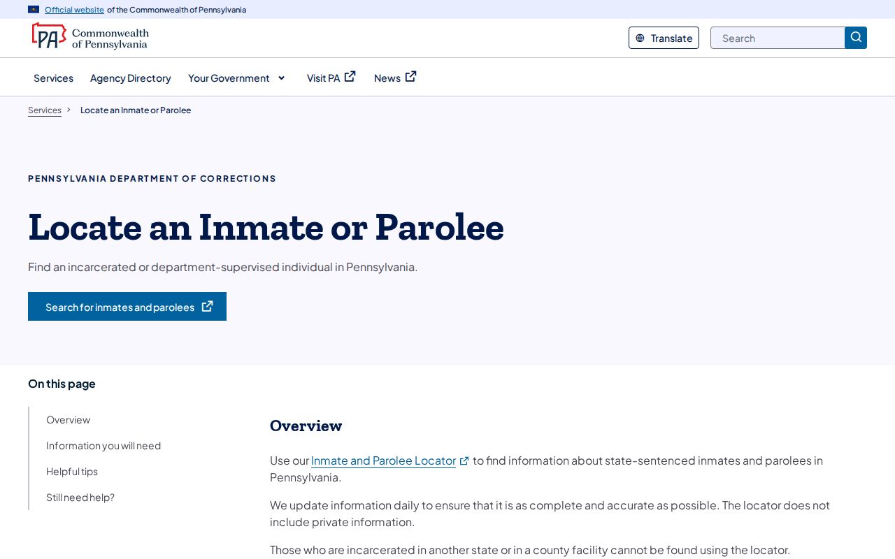 PA DOC locator scope for a Fayette County projected release date search