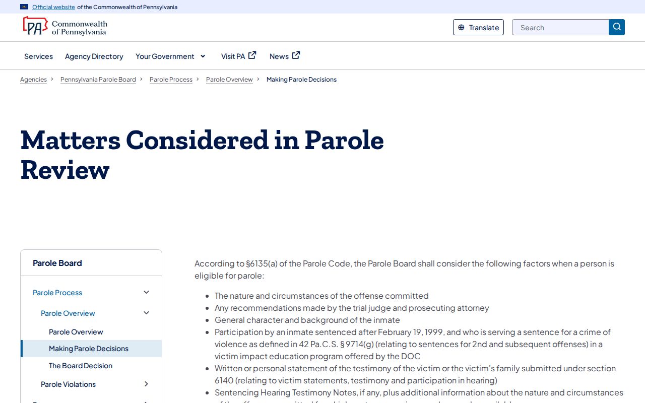 Pennsylvania parole decision process for Fayette County release supervision